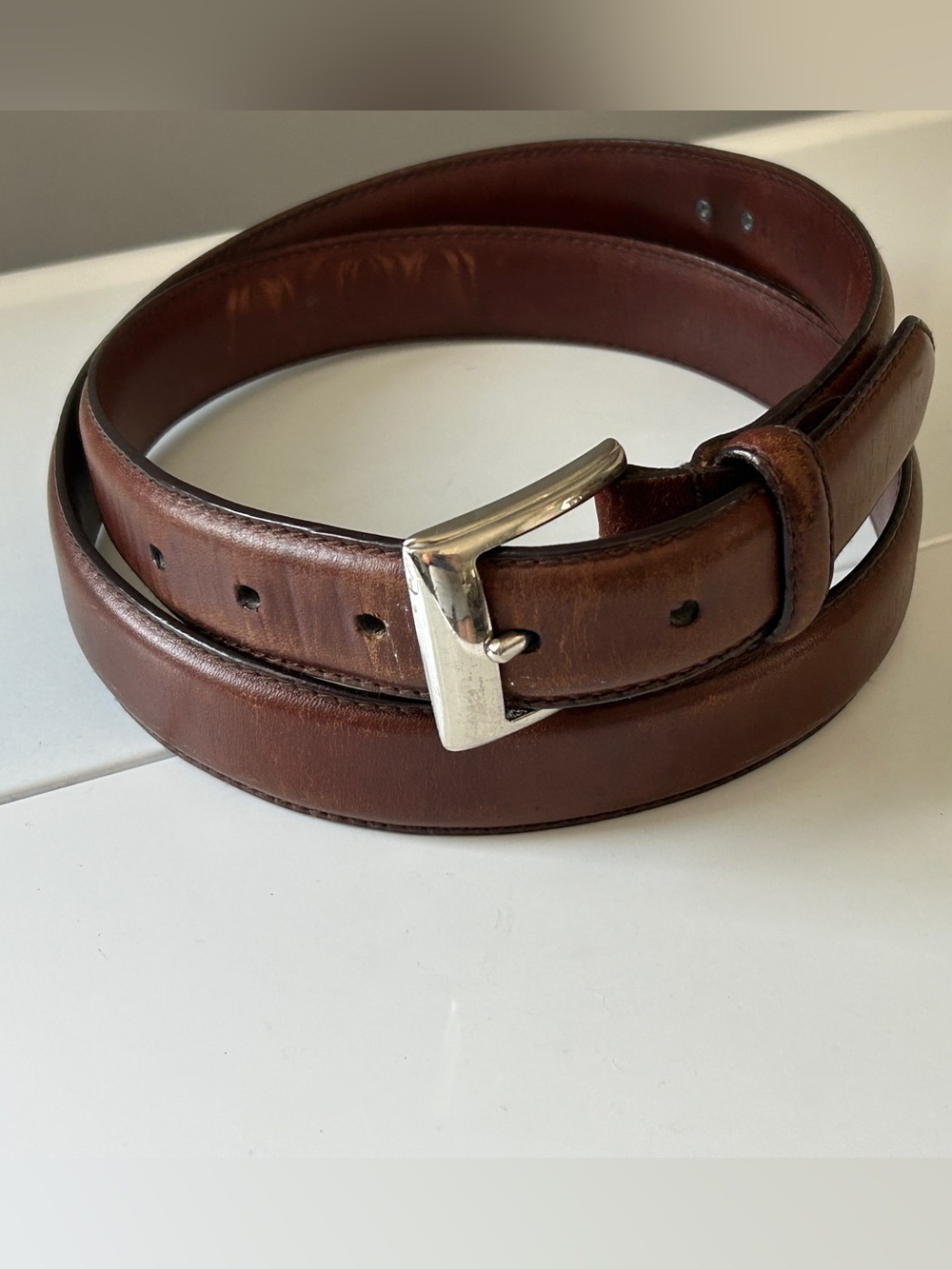 Polo Ralph Lauren Brown Leather Belt Metal Logo Plaque Men Style 2113620 Size 42